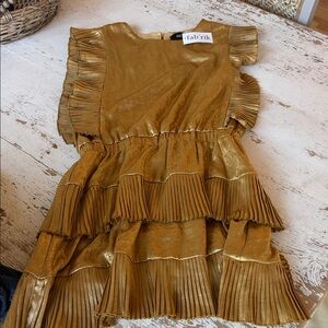 NWT fab'rik Metallic Gold Tiered Pleated Dress